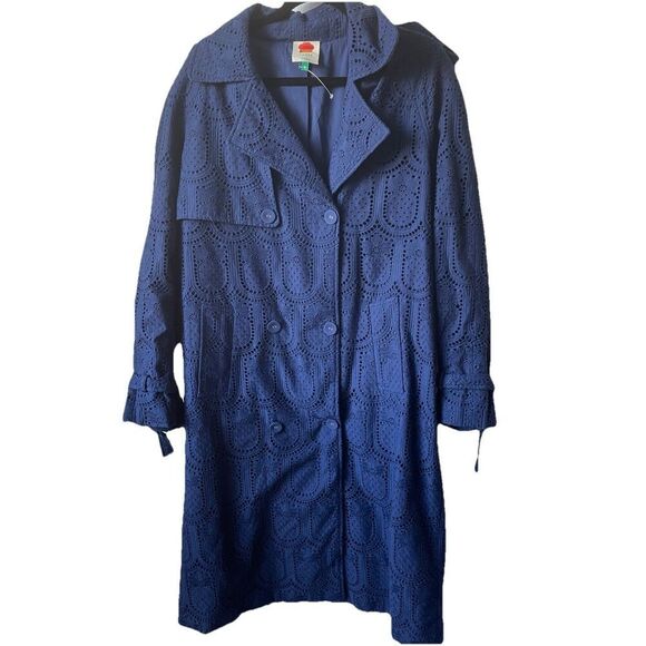 New FARM Rio Navy Blue Pineapple cotton eyelet trench coat size Medium - Picture 6 of 10